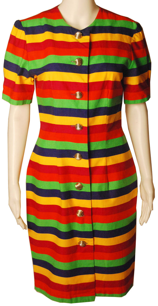 Shapely 1980s Colorful Striped Cotton Dress - refashioner - 2