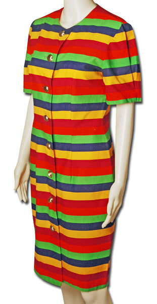 Shapely 1980s Colorful Striped Cotton Dress - refashioner - 1