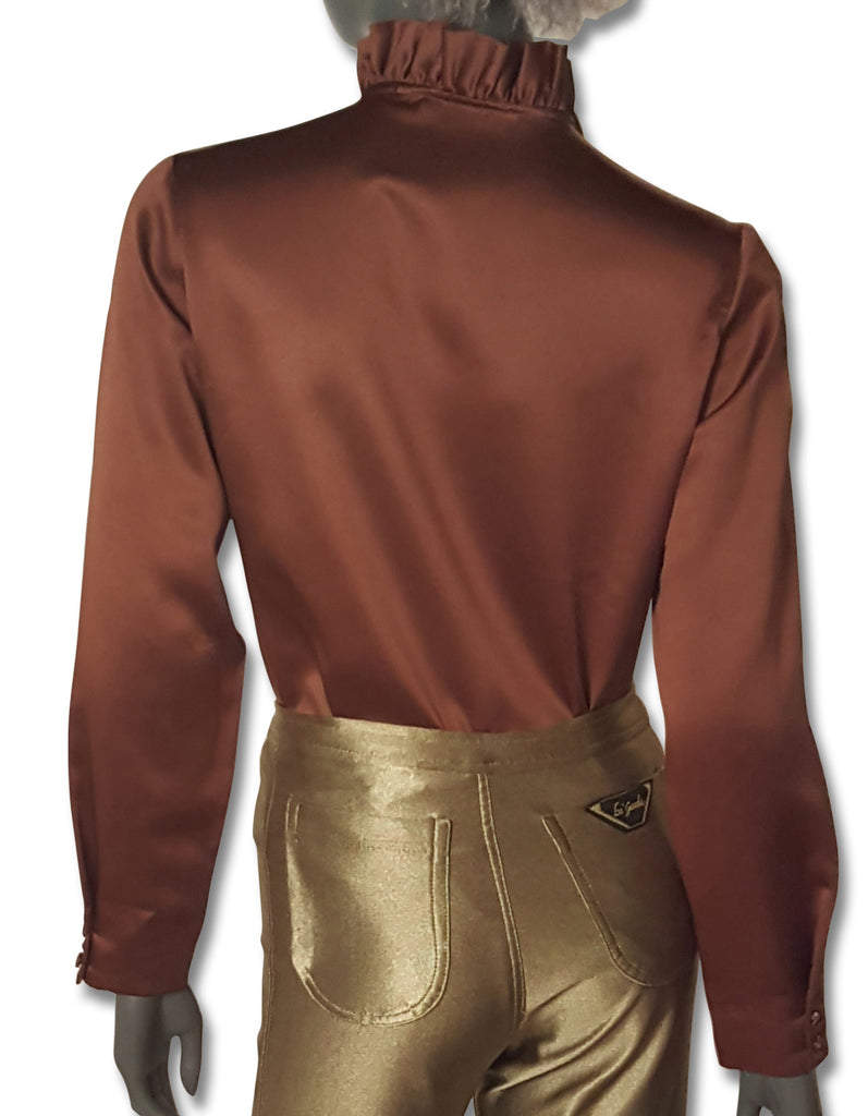 Milk Chocolate Satin 70s Blouse - refashioner - 2