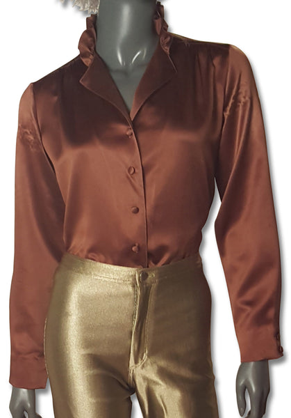 Milk Chocolate Satin 70s Blouse - refashioner - 1