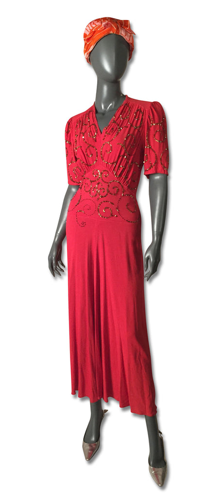 Red Crepe Sequined 1930s Gown - refashioner - 1