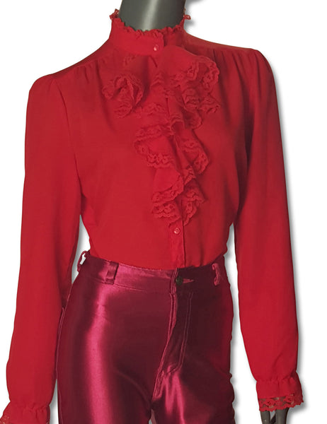 Lace Jabot Scarlet Blouse, 1970s - refashioner - 1