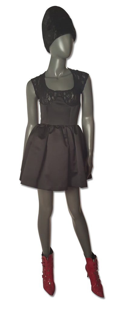 Black Satin & Lace 1980s Skater Dress - refashioner - 3