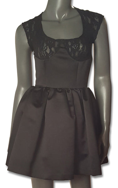 Black Satin & Lace 1980s Skater Dress - refashioner - 1